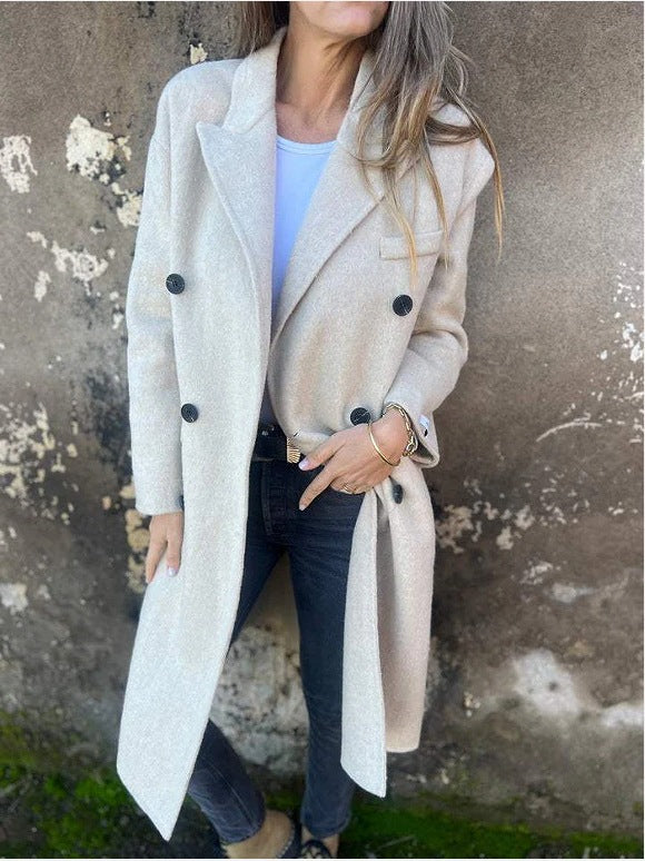 Veste Femme Mi-Longue à Revers et Double Boutonnage – Style Casual Chic