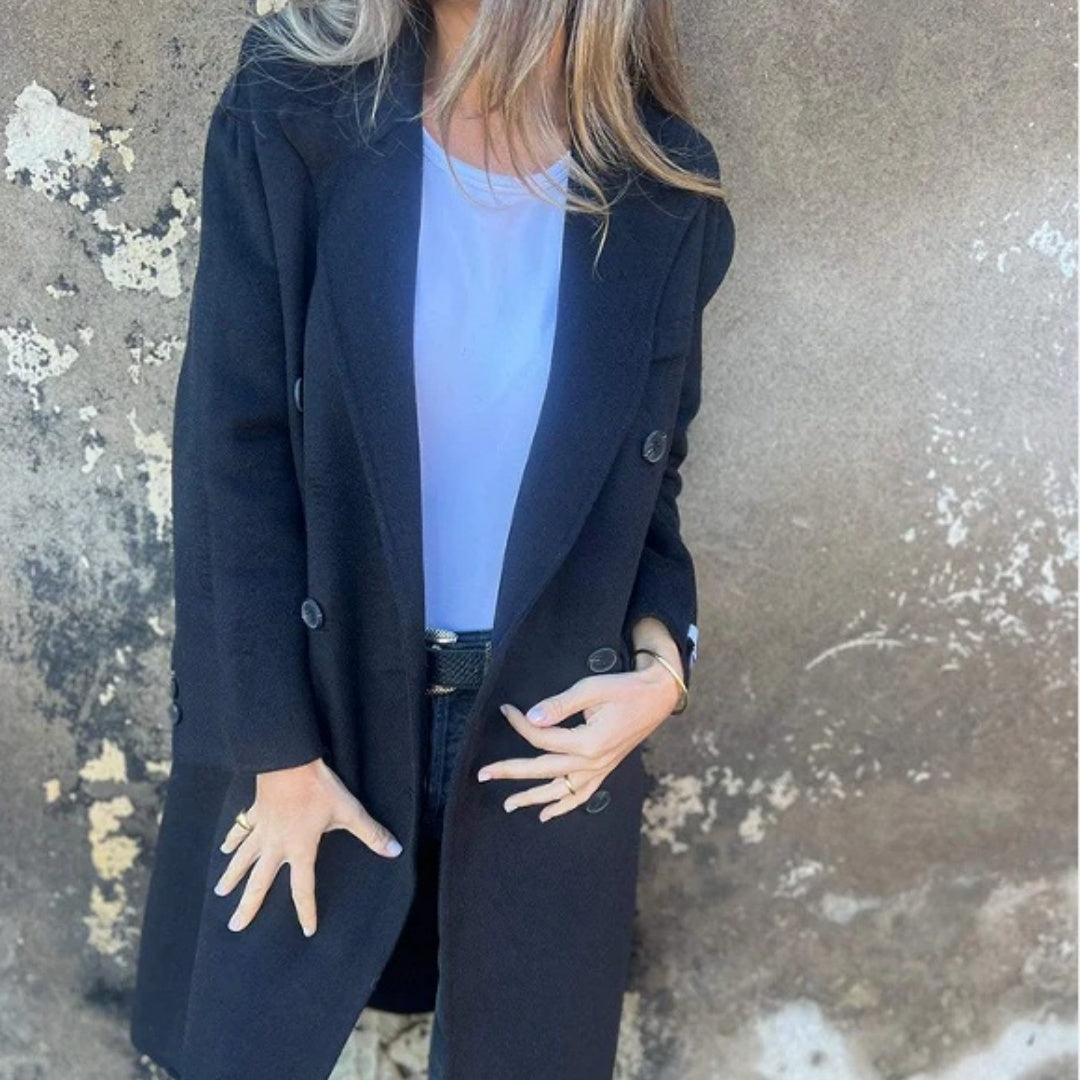 Veste Femme Mi-Longue à Revers et Double Boutonnage – Style Casual Chic