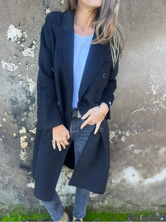 Veste Femme Mi-Longue à Revers et Double Boutonnage – Style Casual Chic